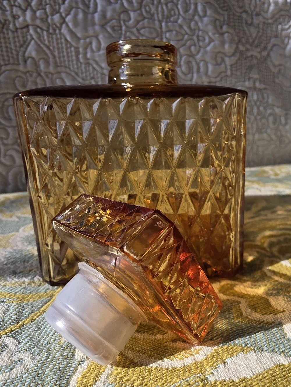 VTG Mid Century Amber Diamond Point Glass Decanter Bottle | Japan
